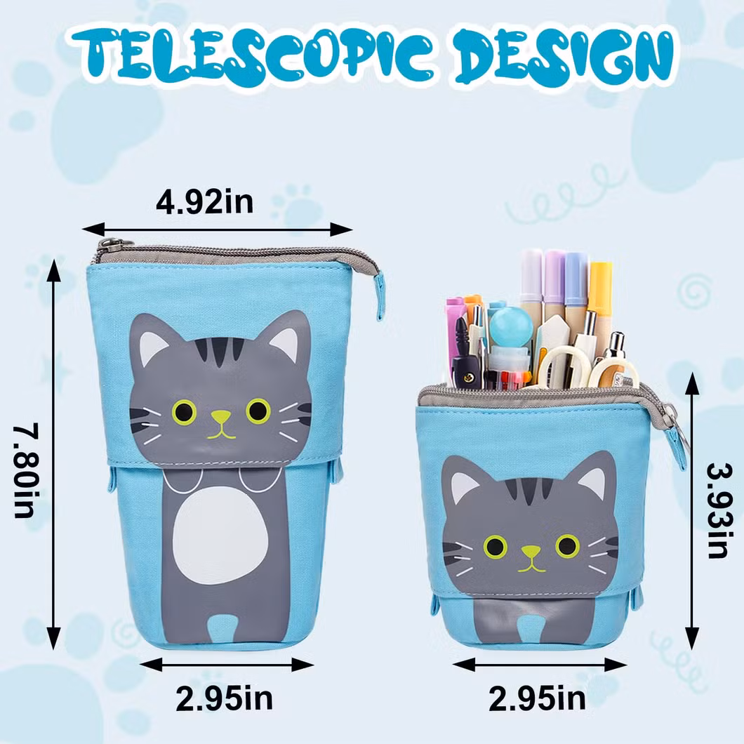 Standing Pencil Case for Boy, Cartoon, Boba Cat Pop up Pencil Case Cute Telescopic Pen Pouch Holder Canvas Zip Kawaii, Kids Students (Blue cat)