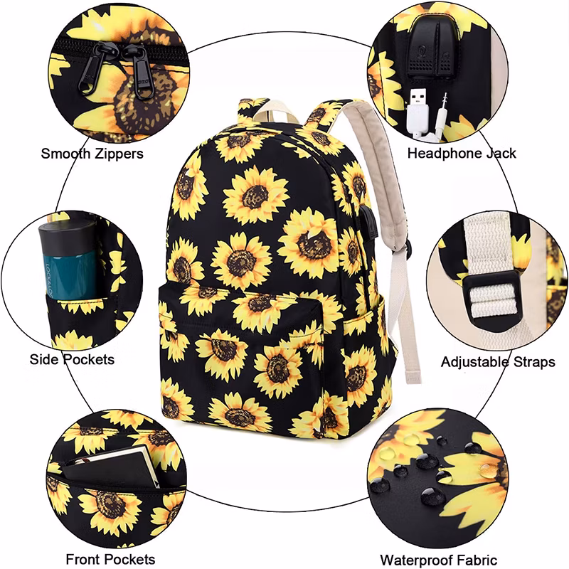 Factory Floral Canvas Backpack Sets Girls College Bag with Luch Pencil Bag
