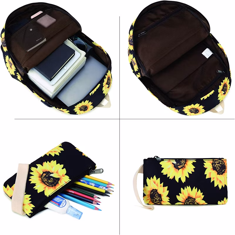 Factory Floral Canvas Backpack Sets Girls College Bag with Luch Pencil Bag