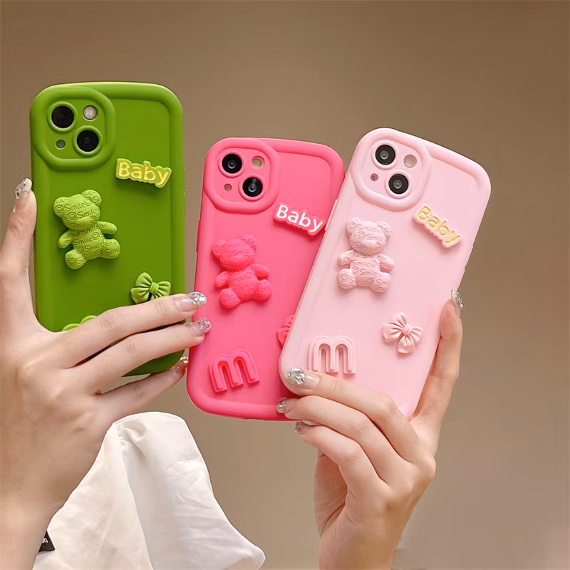 Cute Cartoon Solid Color Three-Dimensional Bear Suitable for iPhone 15 Mobile Phone Case