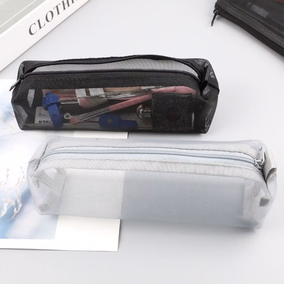 Large Capacity Black Mesh Zipper Multi Functional Pencil Pen Pouch Bag