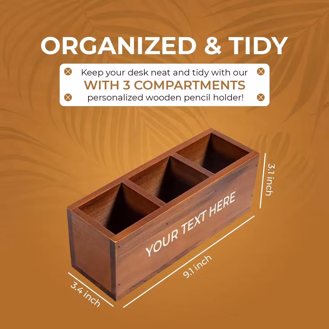 Wooden Desk Organizers Wooden Pencil Holder Wood Case with 3 Compartments