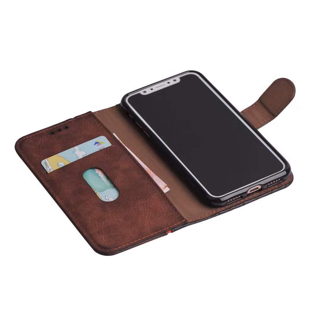 Fashion Carbon Pattern Mobile Phone Book Flip Protective Cover Case for iPhone 14 with Metallic Coating Frame Factory OEM Logo Card Slots and Stand Magnetic