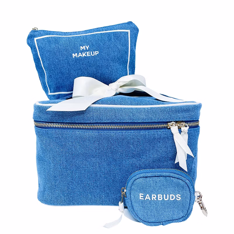 Customized Multi Color Logo Large Space Zipper Handle Denim Cosmetic Bag