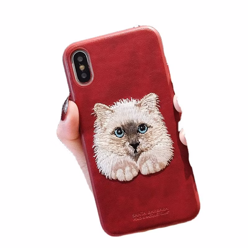 Cute Animal Embroidery Leather Hand Make Leather Mobile Phone Case