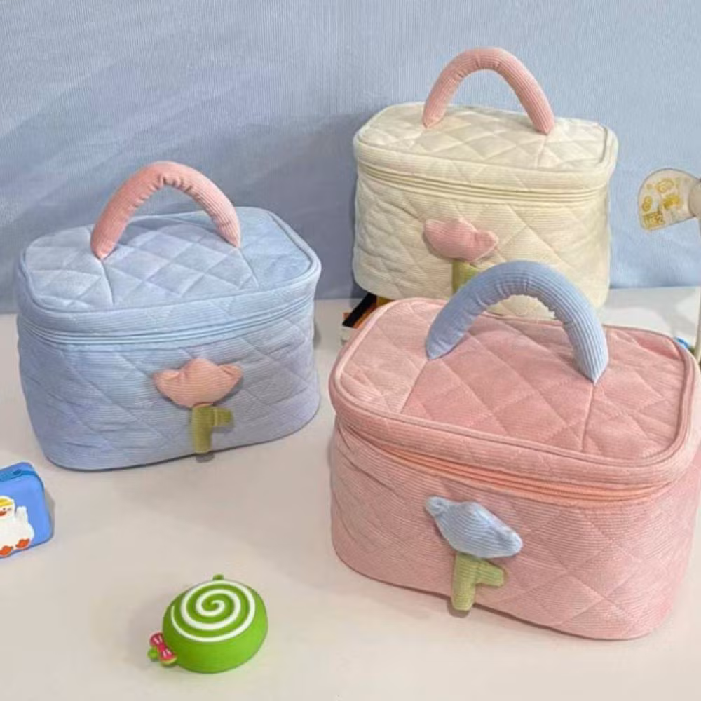 Coquette Aesthetic Makeup Bag Large Capacity Corduroy Portable Toiletry Floral Esg22227