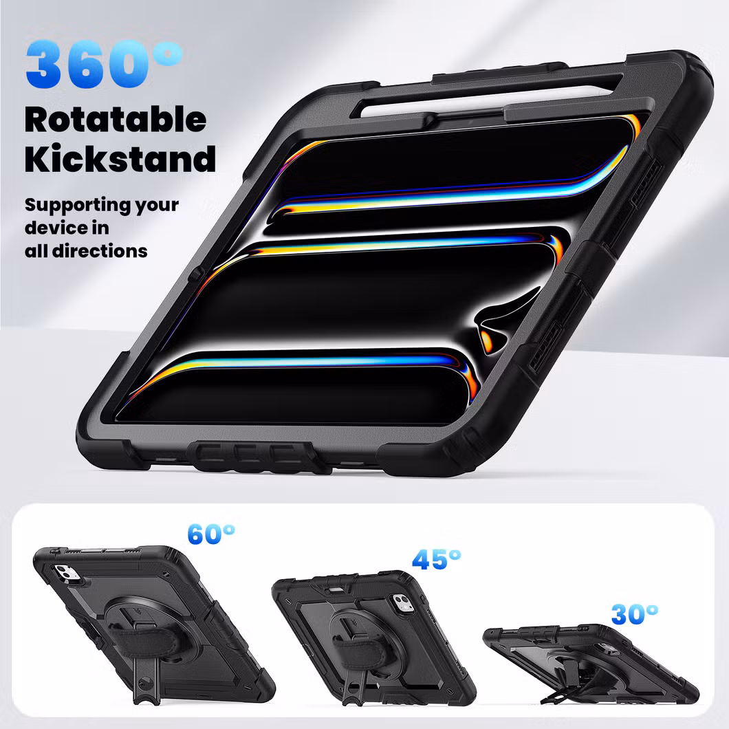 iPad PRO 11 (2024) Case PC+Silicone Tablet Cover with Screen Protector Pencil Holder - Black