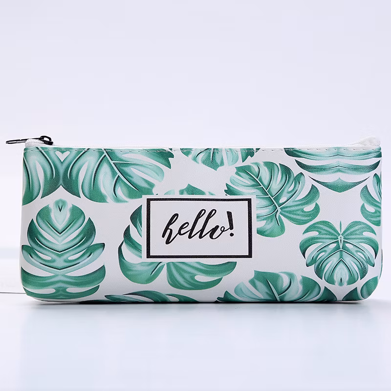 Fashion Office Stationery Bag Custom Leaves Pattern PU Leather Pencil Case