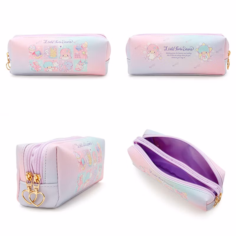 Cartoon PU Leather Square Double Zipper Student Pen Case