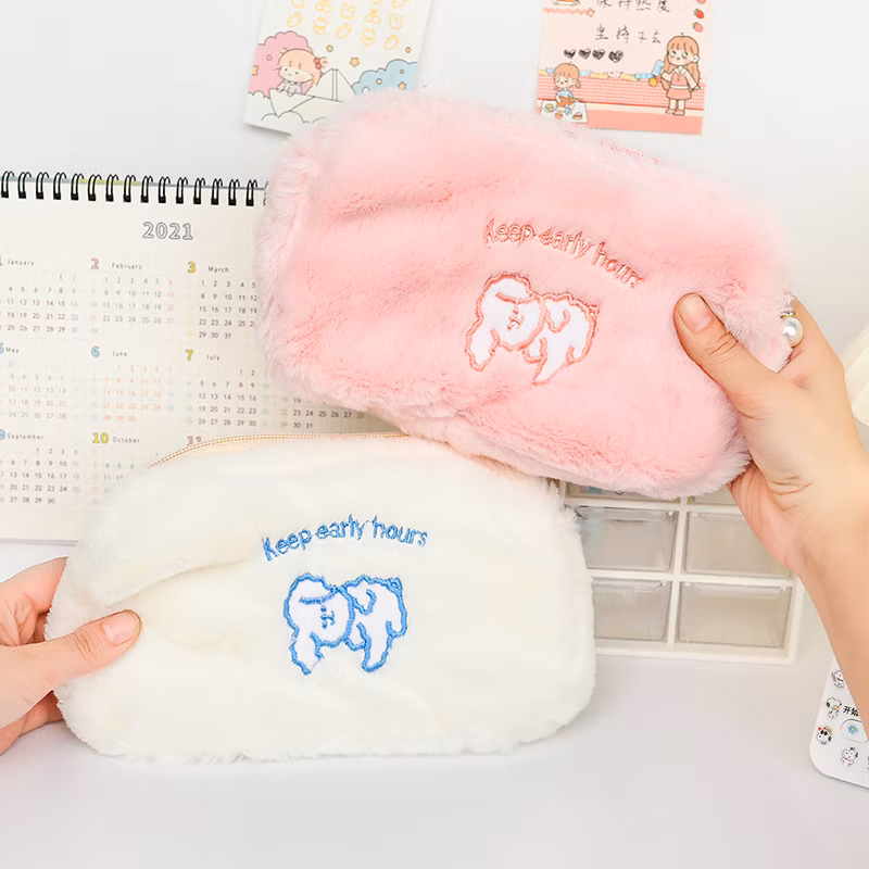 Promotional Flannel Zipper Kawaii Circular Pencil Bag Pencil Case for Office
