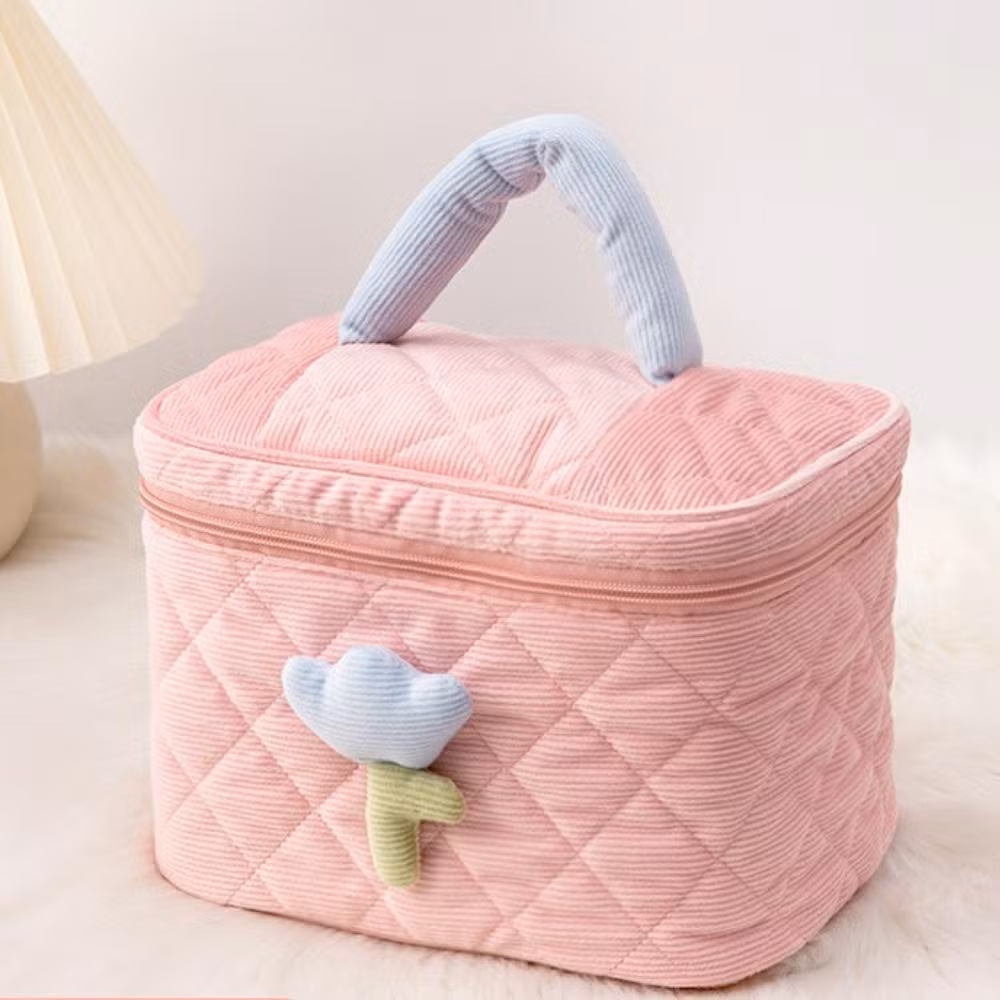 Coquette Aesthetic Makeup Bag Large Capacity Corduroy Portable Toiletry Floral Esg22227
