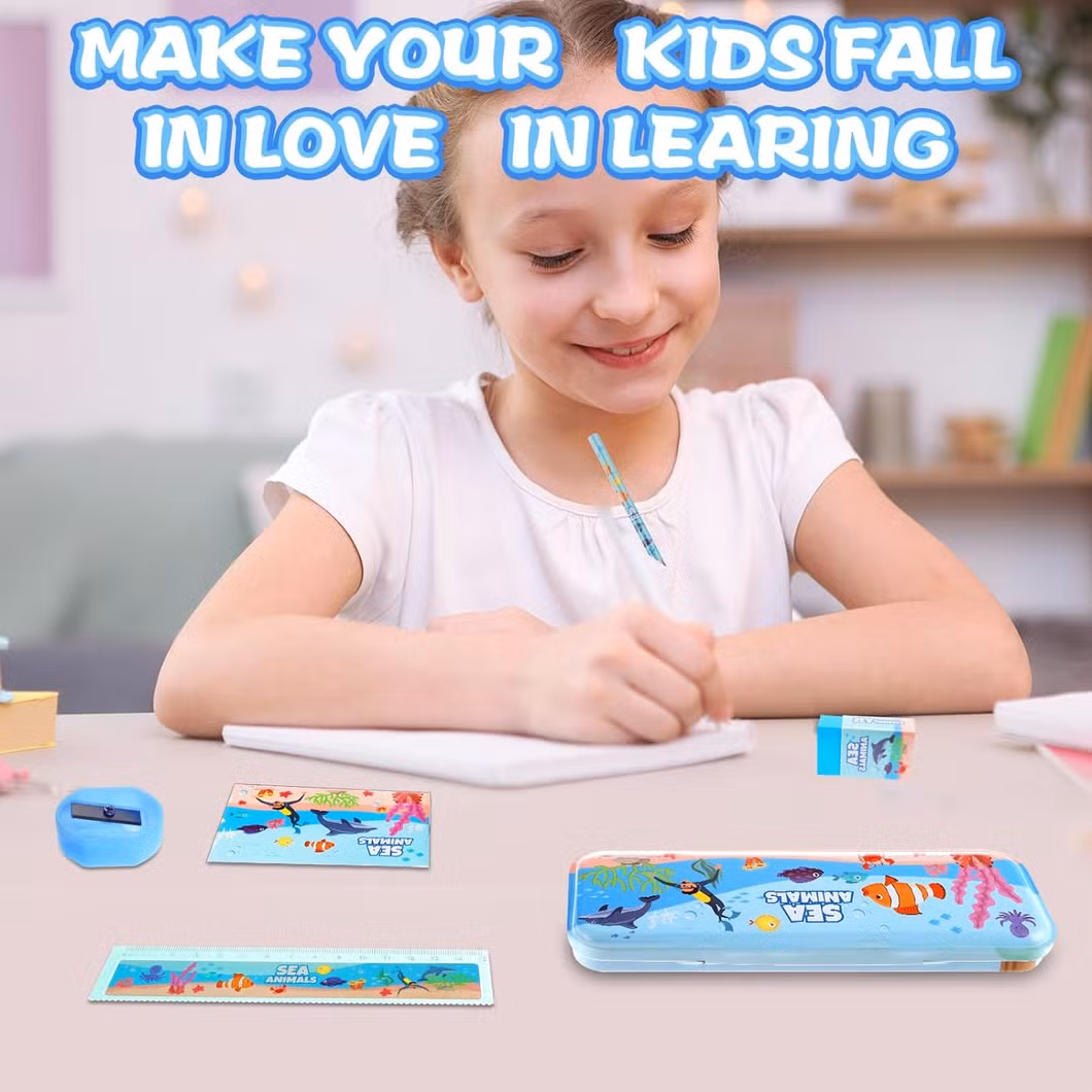 Hot Sale Sea Animals Stationery Set with Pencils, Pencil Case, Pencil Sharpener, Eraser School Gifts for Kids Child Students OEM Customize Printing Service