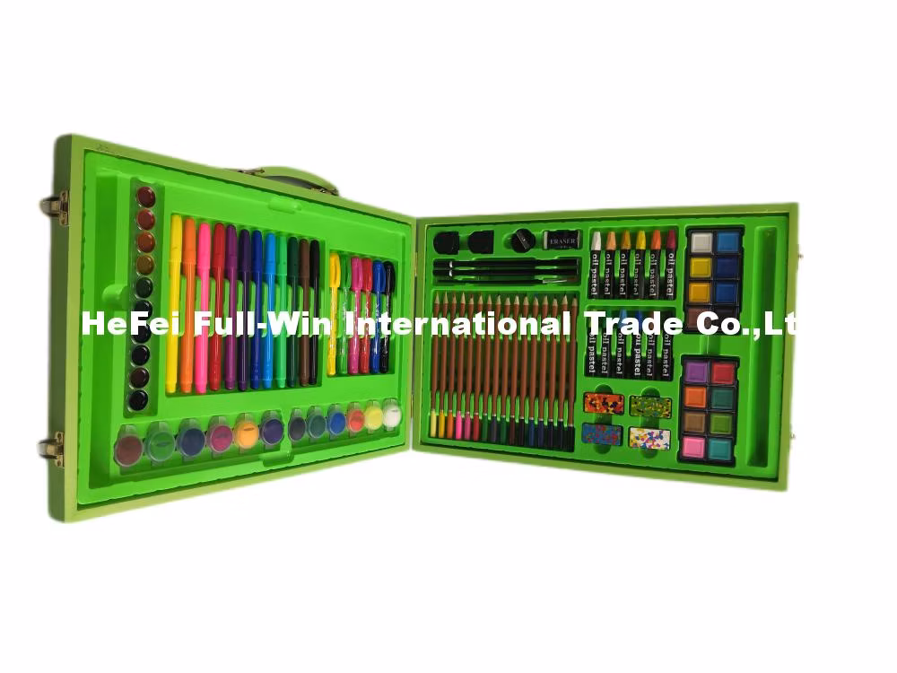 96 PCS Green Wooden Box Art Set with Dazzle Color Bar, Conjoined Water Paints, Long Color Pencils Creative Set Toy