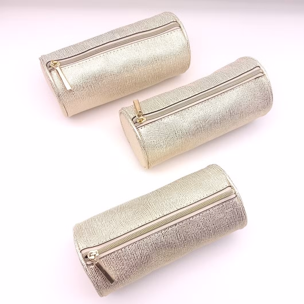 Custom Luxury Students Round Zipper Storage PU Leather Pencil Bag
