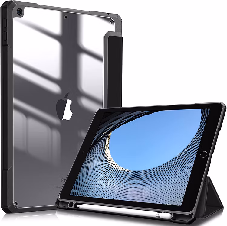 Shockproof Clear Back Shell Built-in Pencil Holder Tablet Case for iPad 9th/8th/7th Generation 2021/2020/2018 10.2 Inch