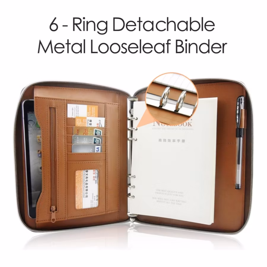 Zippered Business Leather Notebook Document Organizer Holder A5 Binder Portfolio with 6-Ring
