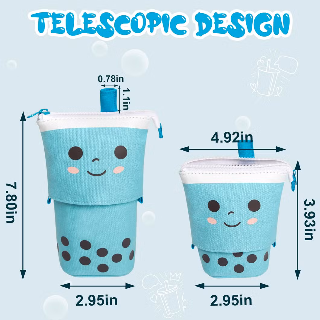 Standing Pencil Case for Girls, Boy, Milk Tea, Pop up Pencil Case Cute Telescopic Pen Pouch Holder Canvas Zip Kawaii, Kids Students (Blue)