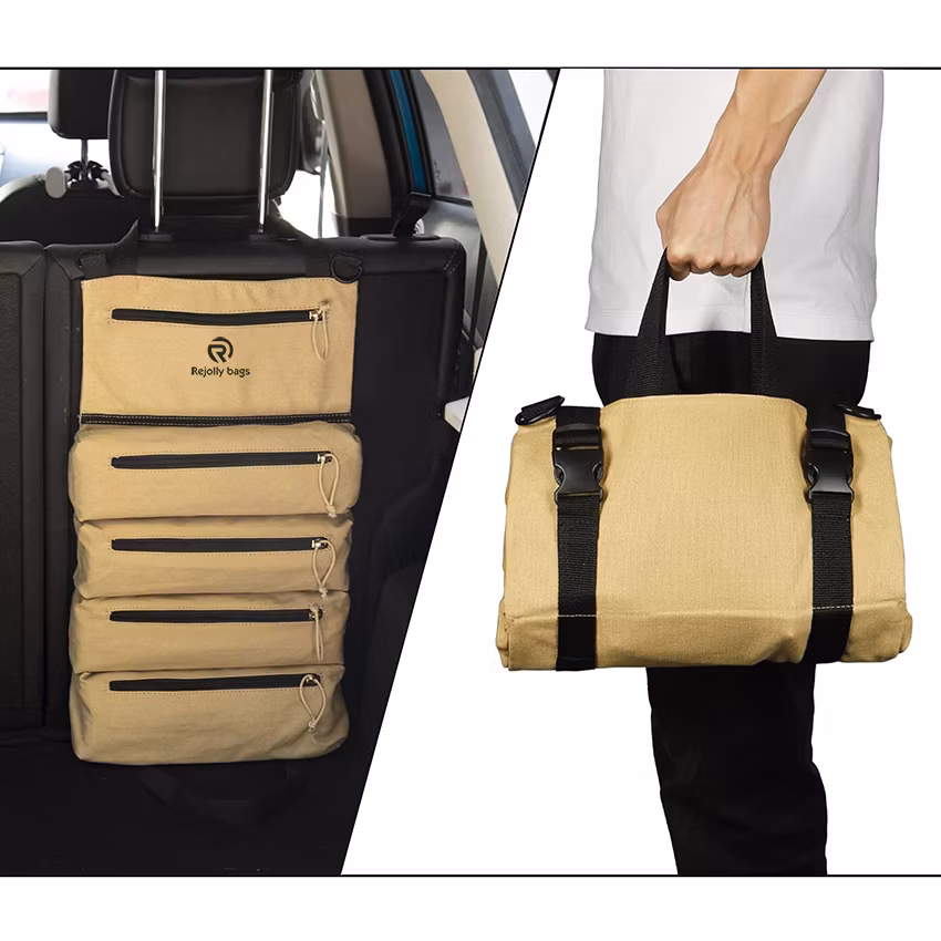 Water Resistant Tool Roll Bag with 2 Wrap Straps, Heavy Duty Roll up Tool Bag with 5 Pockets, Canvas Roll up Tool Bag