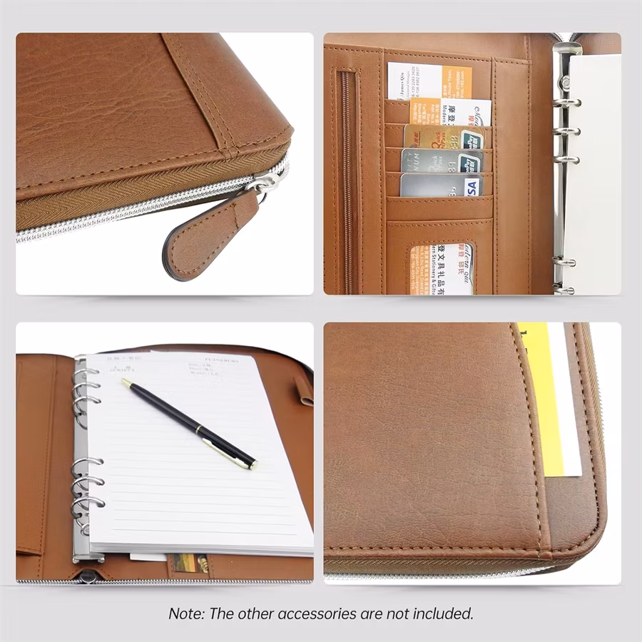 Zippered Business Leather Notebook Document Organizer Holder A5 Binder Portfolio with 6-Ring