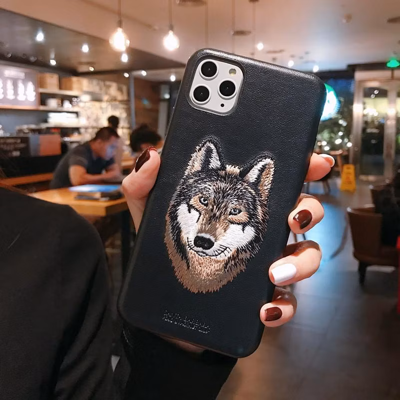 Cute Animal Embroidery Leather Hand Make Leather Mobile Phone Case