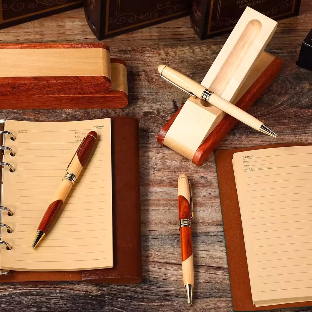 Classical Luxury Maple Wooden Ballpoint Pen with Wood Package Box Foldable Bamboo Ink Pen in Pencil Cases
