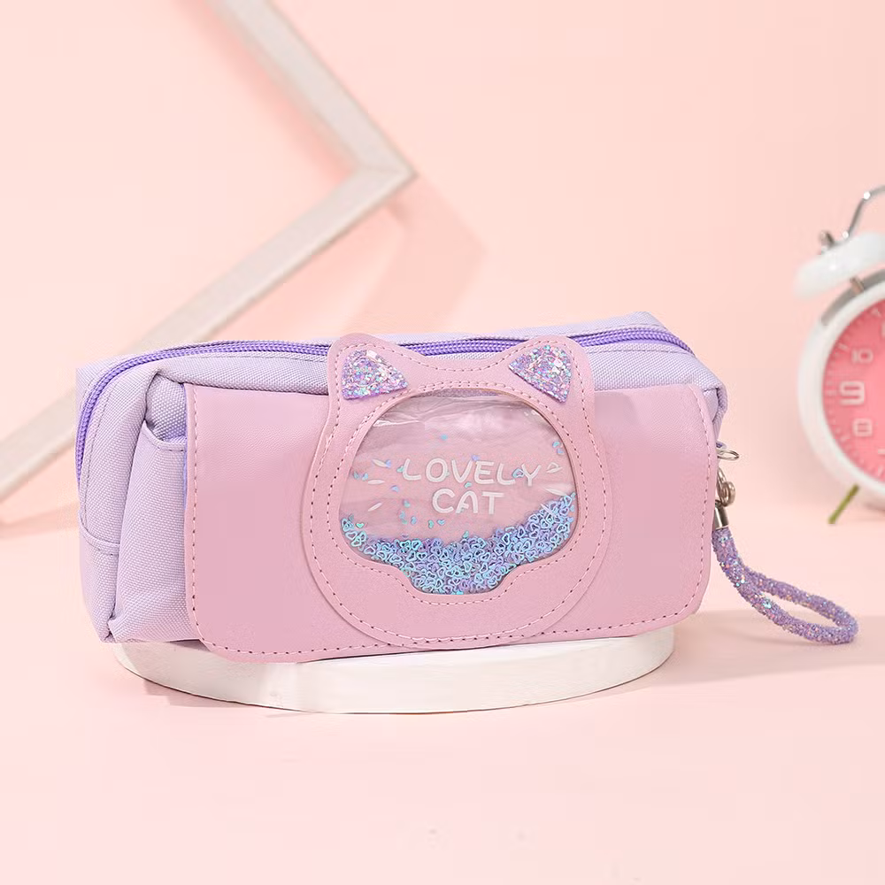 Kids Stationery Bag Cute Kawaii Cat Canvas PU Leather Pencil Case for Girls