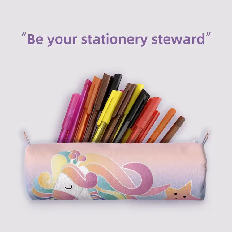 Cute Widely Used Custom Canvas Cover with Fast Food Design Pencil Pouch Bag Kids Cylinder Shaped Round Pencil Case