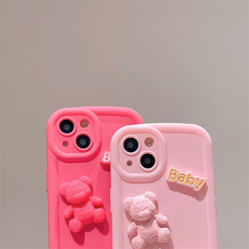 Cute Cartoon Solid Color Three-Dimensional Bear Suitable for iPhone 15 Mobile Phone Case