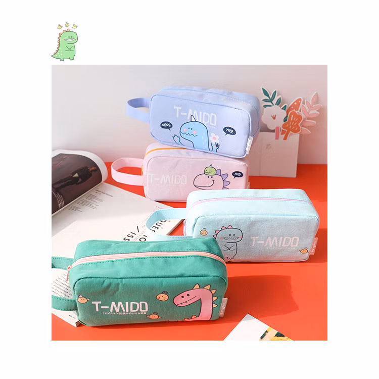 Wholesale Kids School Stationery Pen Bags Canvas Cartoon Dinosaur Pencil Case