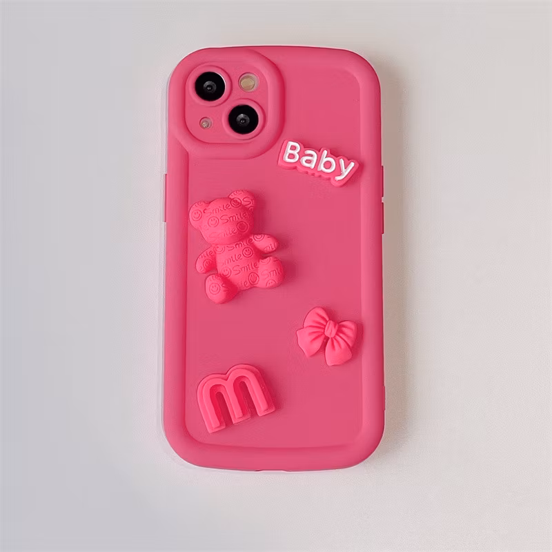 Cute Cartoon Solid Color Three-Dimensional Bear Suitable for iPhone 15 Mobile Phone Case