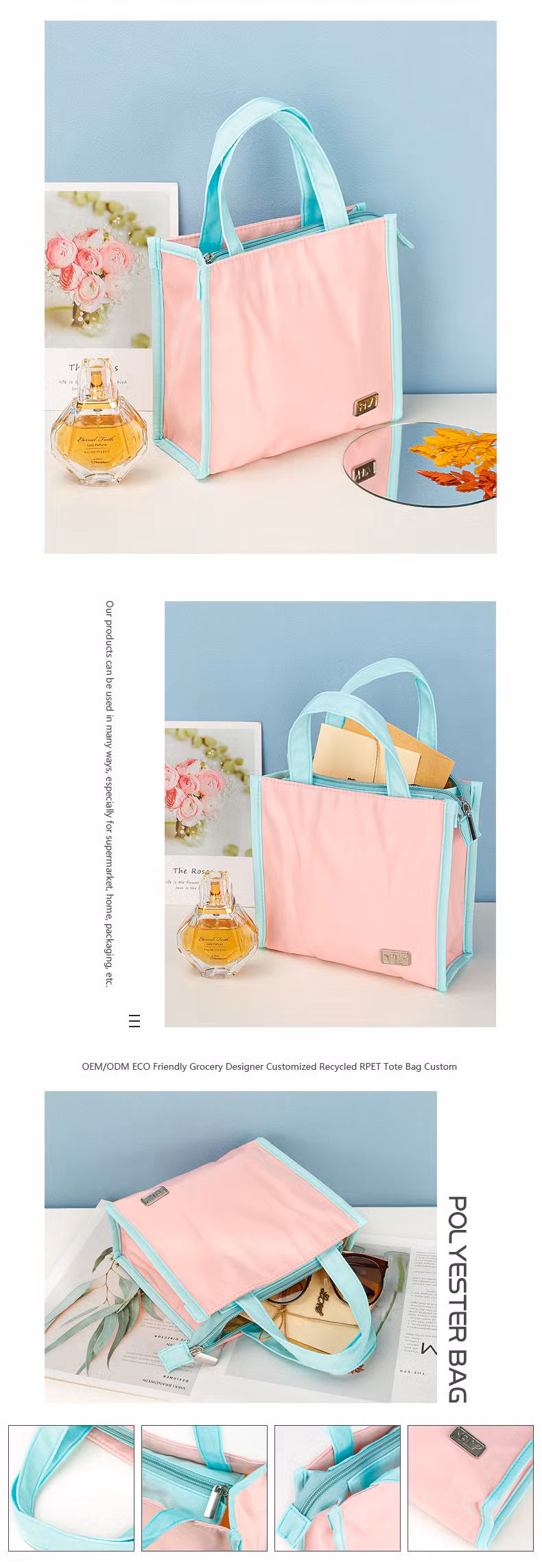 Custom Pink RPET Polyester Waterproof Daily Grocery Storage Zipper Small Carry Bag