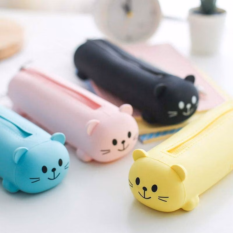 Custom Silicone Cute Cat Pencil Bag Stationery Soft Kids Kawaii Pencil Case