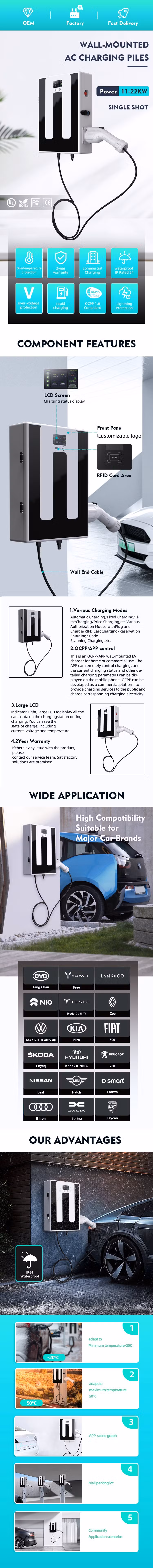 New Energy 11kw/22kw Wallbox IP54 Level 2 Residential Electric Vehicle Charging Station