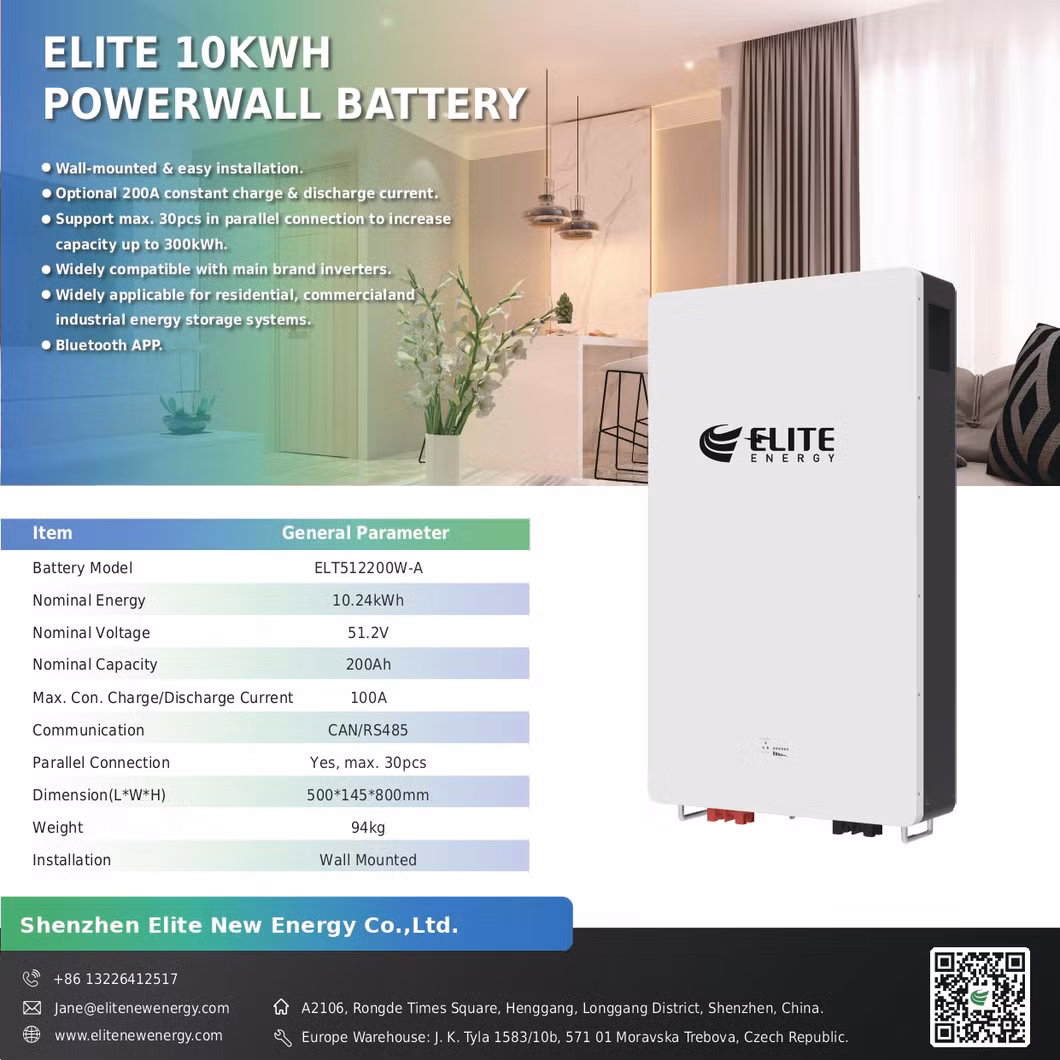 Elite Backup 10kwh 48V Lithium Wall Mounted Battery 51.2V 200ah Home Energy LiFePO4 Li Ion Batteries