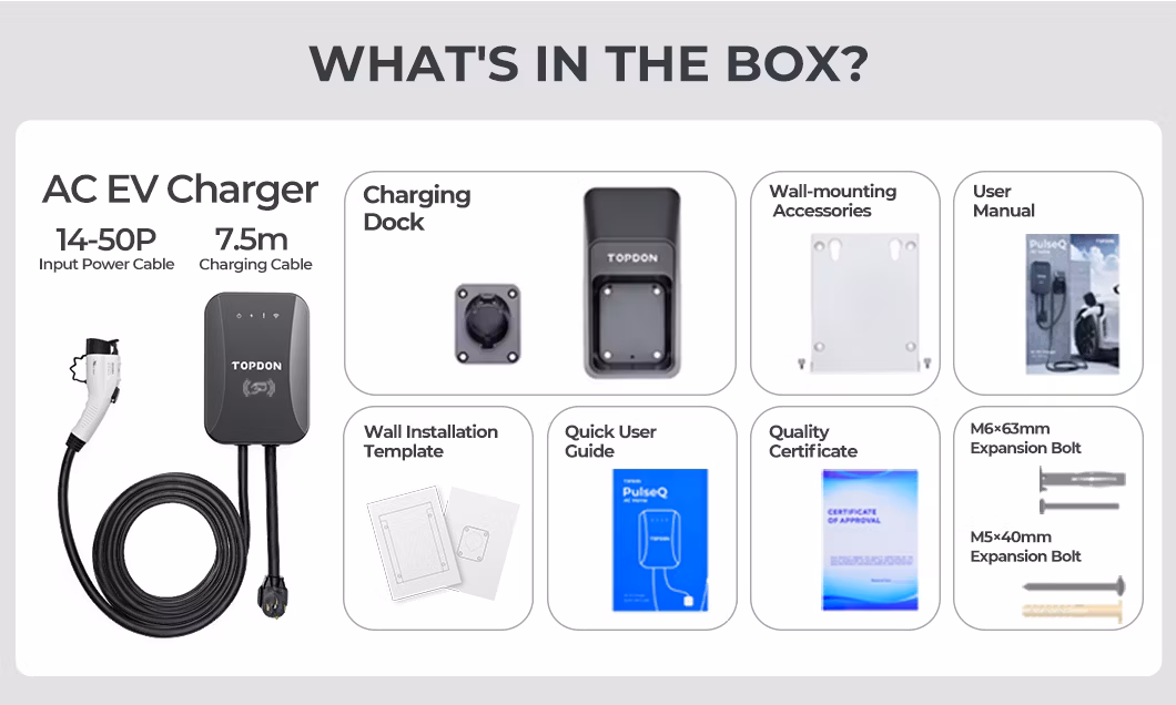 Topdon Factory Supply America Stock Customized Pulseq AC Home 16 32 AMP Type 2 Type 1 22kw 16kw 7kw Smart Wallbox Mounted Electric Car Fast EV Charger Station
