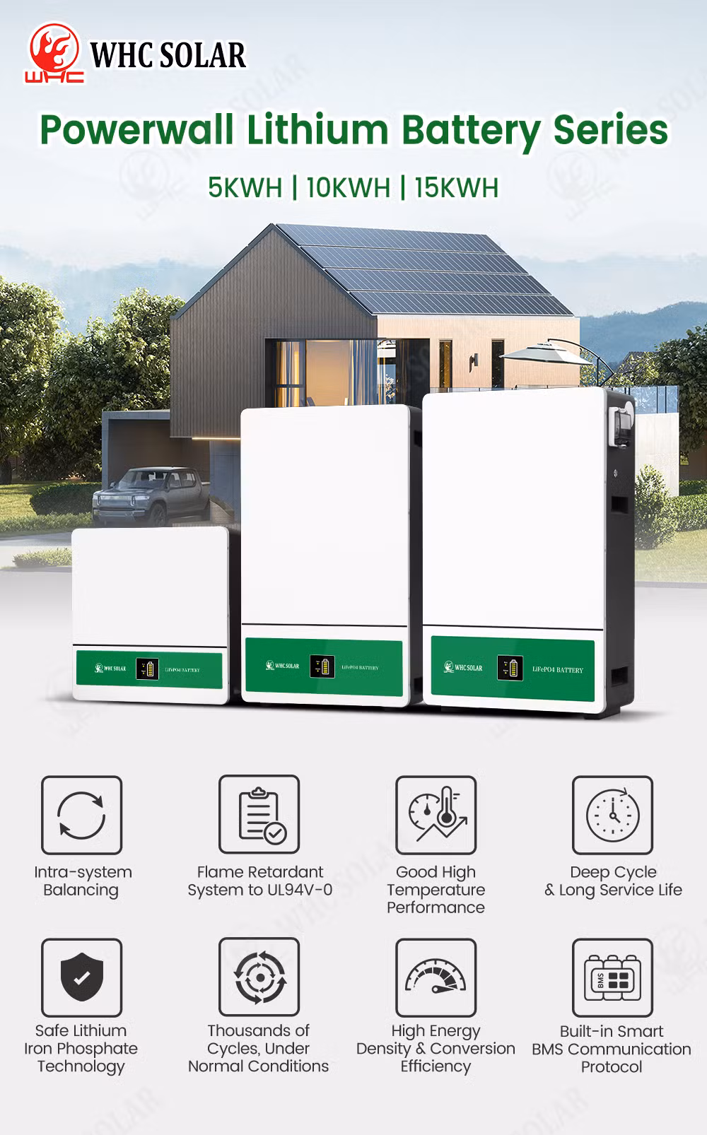 Whc Powerwall 5kwh 10kwh 15kwh 48V 100ah 200ah 300ah Lithium Ion Lipo Li Ion 48V LiFePO4 Lithium Solar Battery for Home Energy Storage