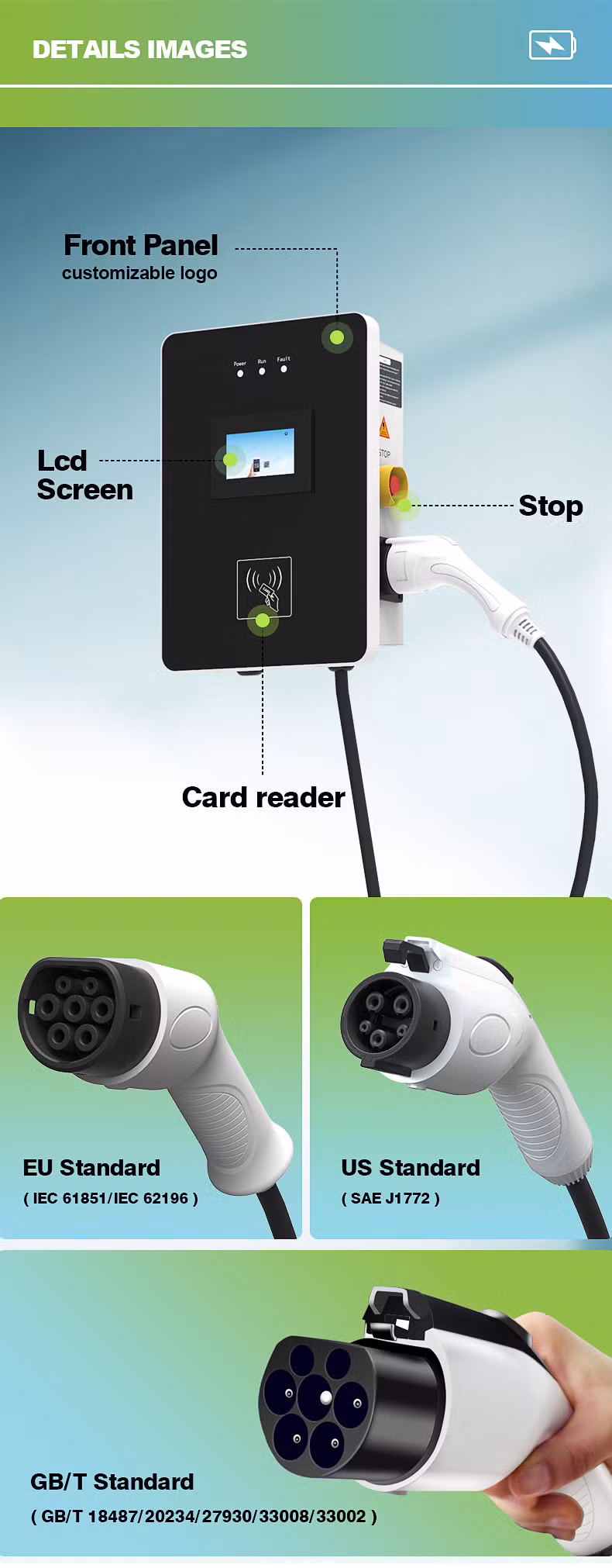 11kw Type 1 Type 2 Gbt Wallbox Wall-Mounted Portable AC EV Charger Electric Vehicle Charging Station