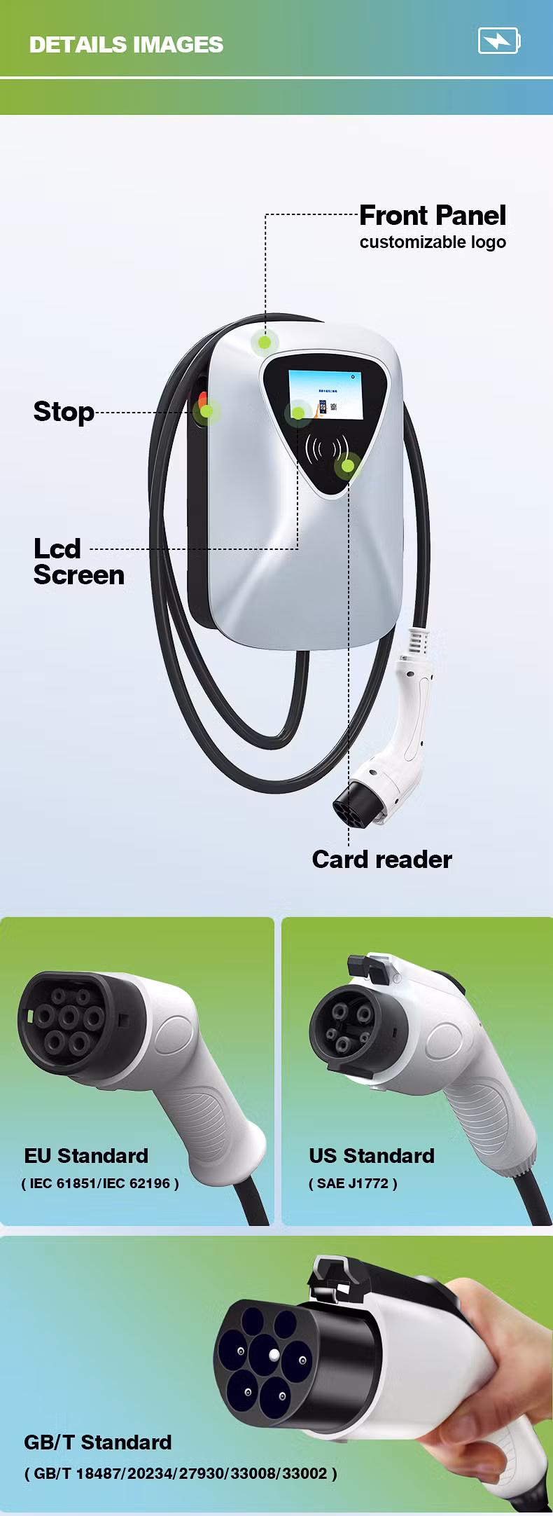Home Wall Mounted EV Charger 7kw 11kw Residential Evse16A Single Phase 3wire AC System 4.3" Screen RFID Car Charging Station
