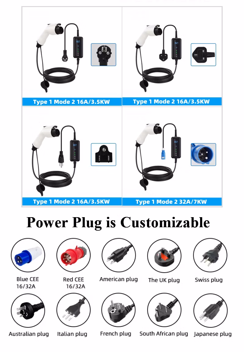 3.5kw 7kw 16A 32A SAE J1772 Type 1 Mobile Car Electric Vehicle Chargers Portable EV Charger with Display Screen