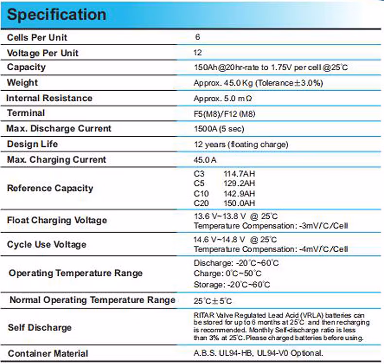 Battery Ritar Deep Cycle Storage Solar Battery 12V 100ah 120ah 150ah 200ah AGM Gel Opzv