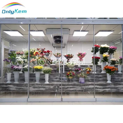 Flor Mostrar caminar en la sala de almacenamiento frío refrigerador con vidrio Puerta