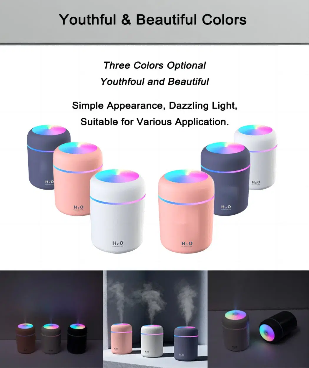 Portable Mini Humidifier with Night Light, Small Humidifier for Bedroom 300ml, USB Personal Desktop Humidifier for Travel Office Home, Auto Shut-off, 2 Spray Mo