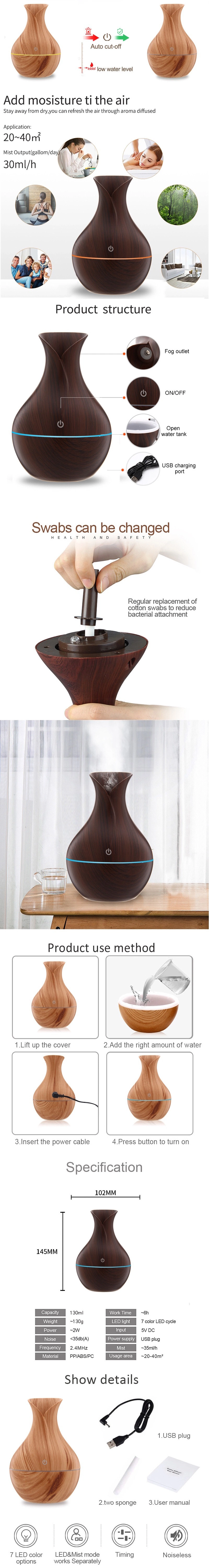 Wood Grain Mist Humidifier Aroma Diffuser Electric Mist Air Atomizer Room USB Humidifier for Bedroom