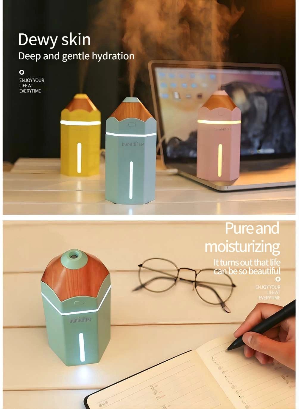 Pencil Humidifier USB Ultrasonic Aromatherapy Air Humidifier LED Light Macaron Portable Humidifier Cool Mist Atomizer Mini Car Air Purifier