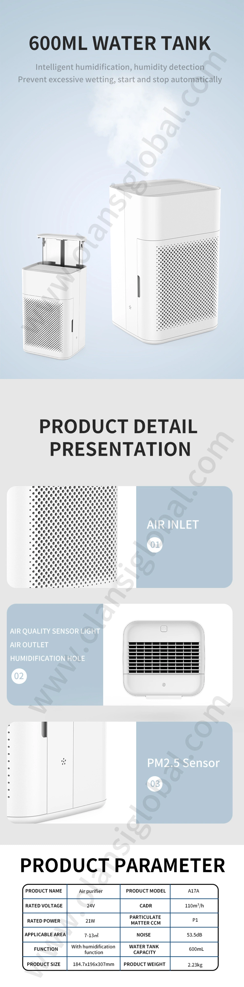 Olansi New A17A Small Portable Desktop Table Top WiFi Air Purifier Humidifier with HEPA Filter