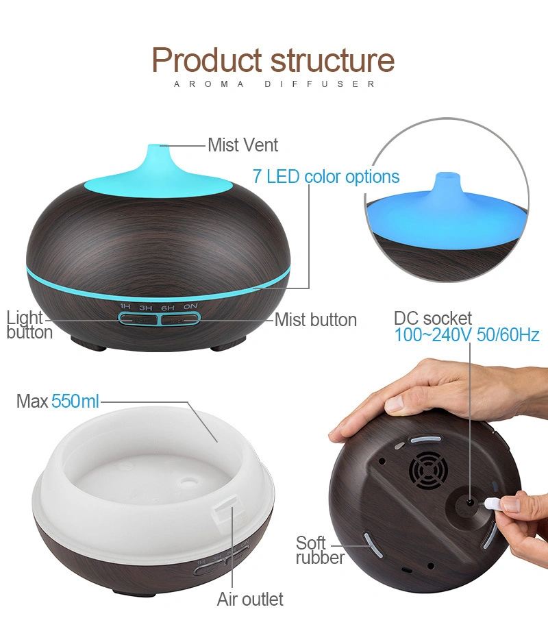 550ml Large Capacity Wood Grain Diffuser Water Rechargeable Ultrasonic Cool Mist Air Humidifier