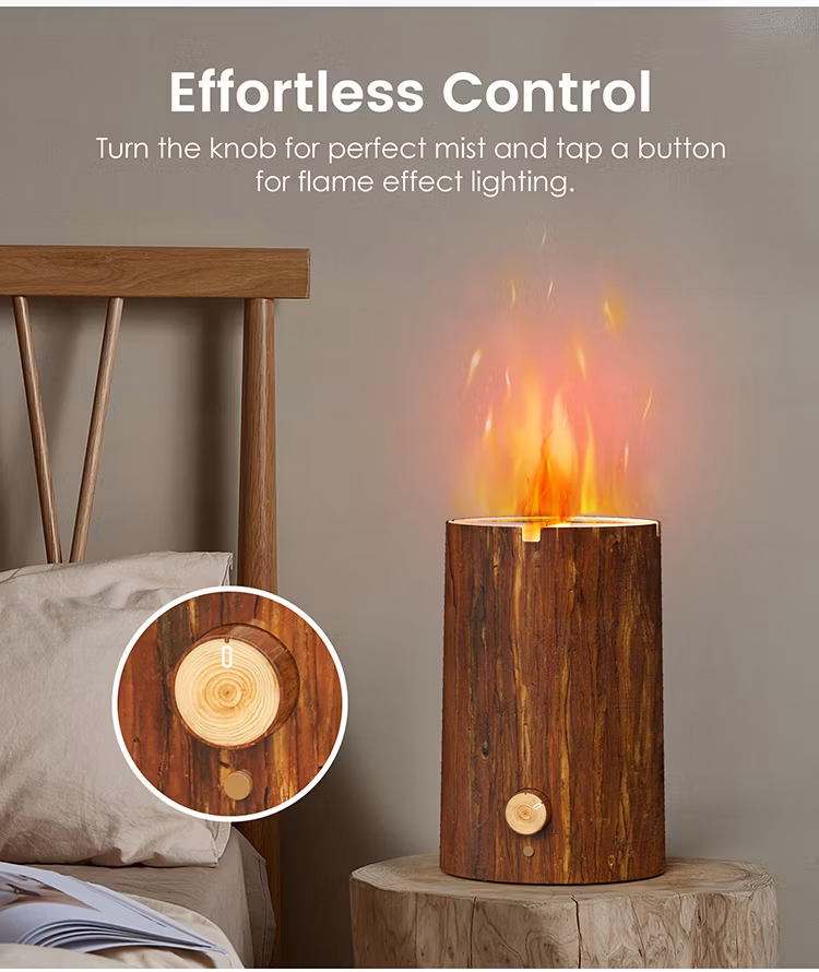 Creative 2.3L Wood Grain Tree Stump Shape LED Light Fire Flame Air Humidifier