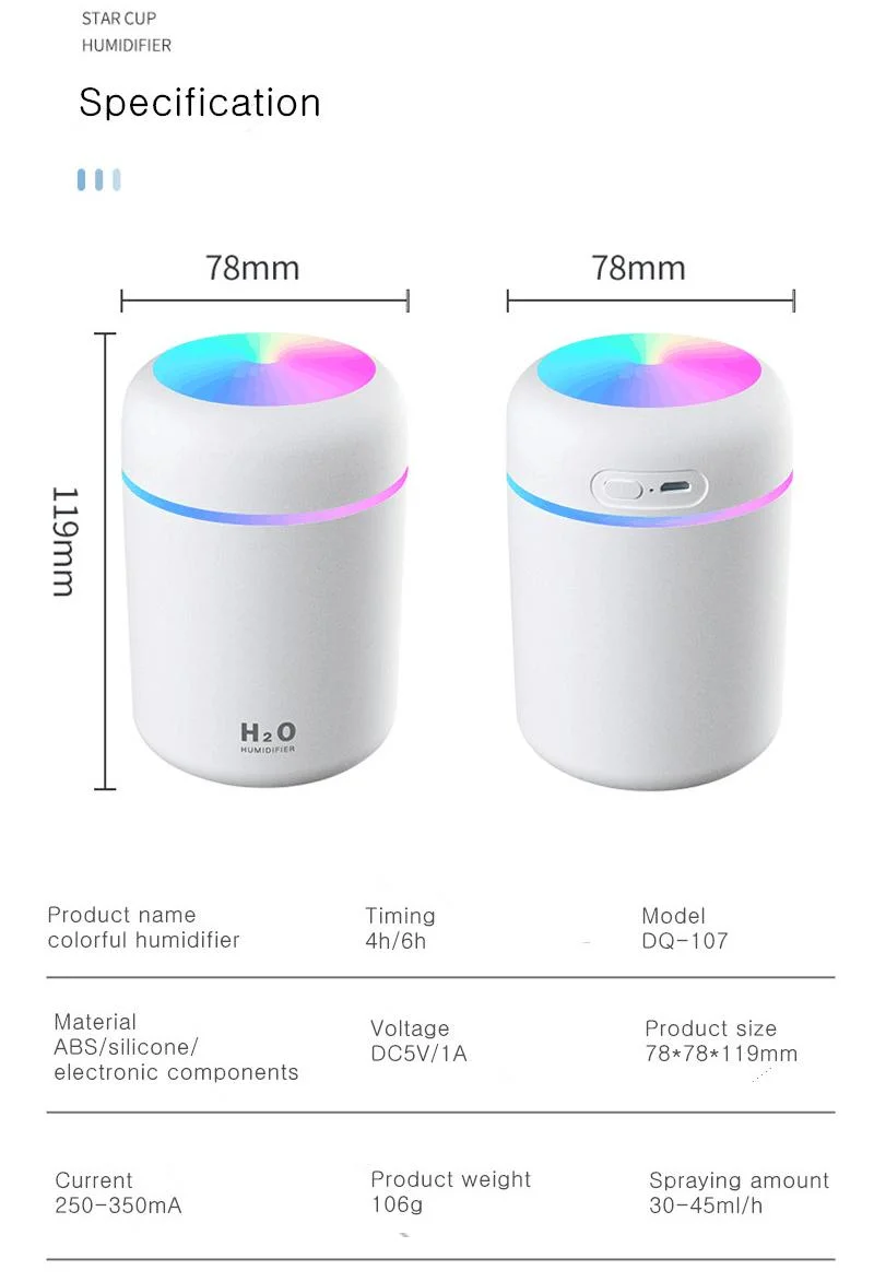 Hot Selling 300ml Car Humidifier LED Light Smart Ultrasonic USB Home Cool Mist Air H20 Humidifier