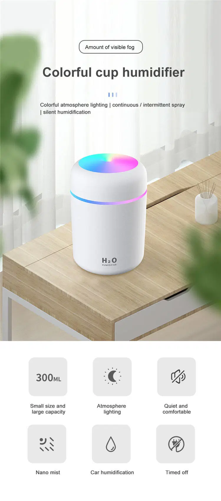 Hot Selling 300ml Car Humidifier LED Light Smart Ultrasonic USB Home Cool Mist Air H20 Humidifier