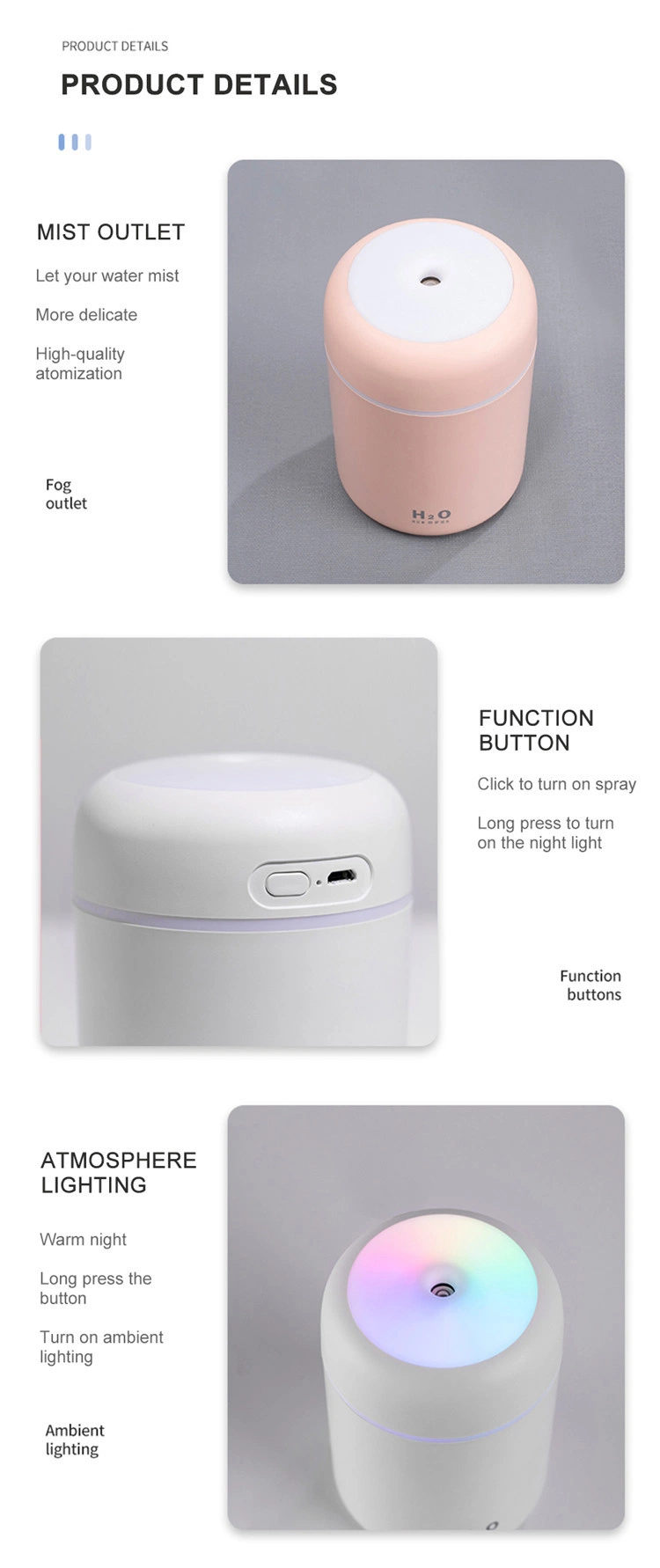 Hot Selling 300ml Car Humidifier LED Light Smart Ultrasonic USB Home Cool Mist Air H20 Humidifier
